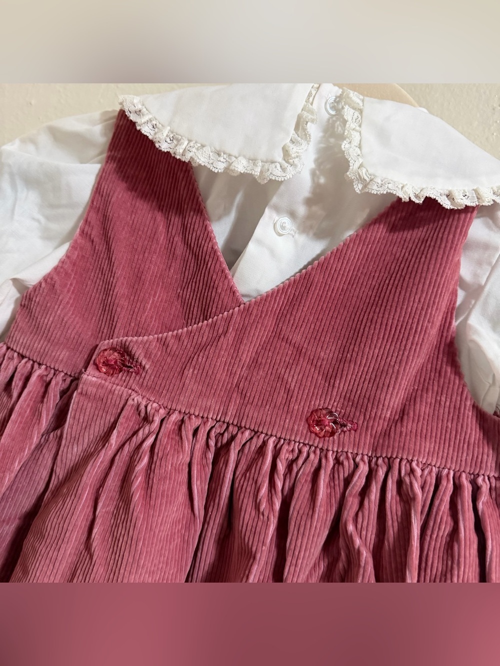 Vintage Toddler Girl 2-Piece Set Rose Pink Corduroy Pinafore & Lace Blouse 3T - Picture 10 of 14